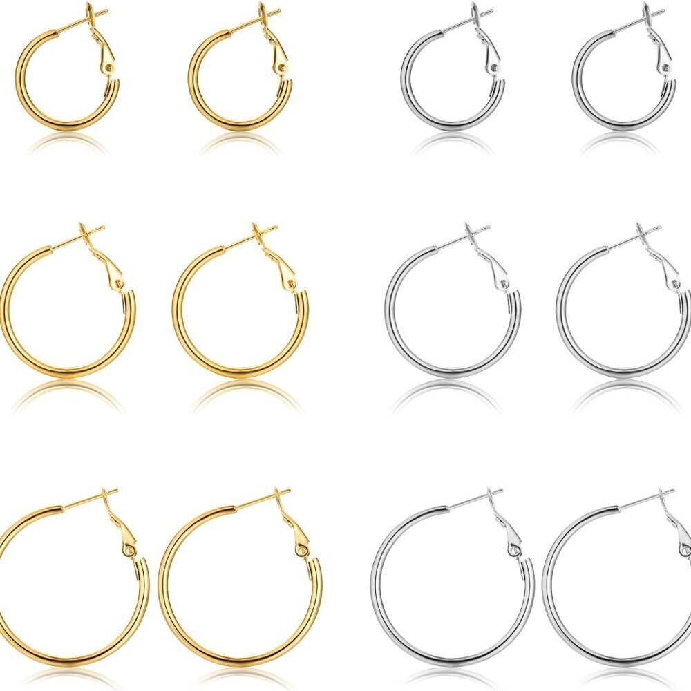 6 Pairs Gold Silver Hoop Earrings Set, 14K Gold Plated Stainless Steel, Lightwei